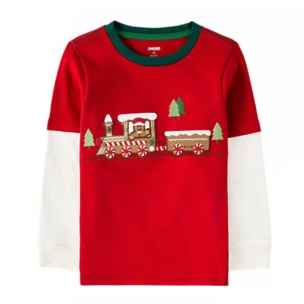 EUC Gymboree Holiday Embroidered Train Layered Top - Gingerbread House - Red 2T